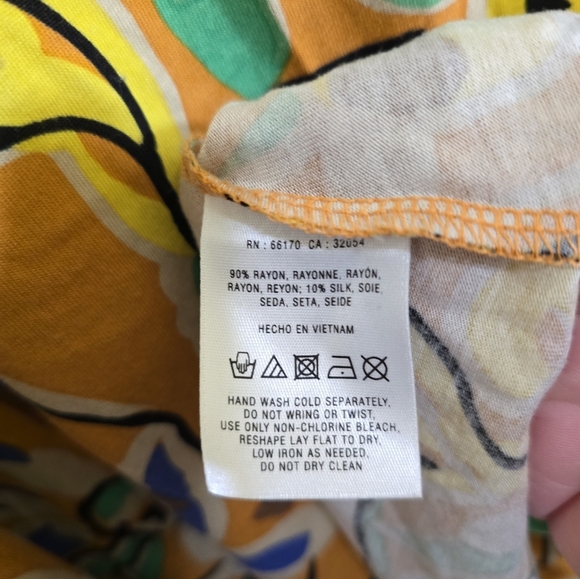 Anthropologie Vanessa Virginia Mina Yellow Print Shift Dress Large Rayon Silk - Picture 8 of 8